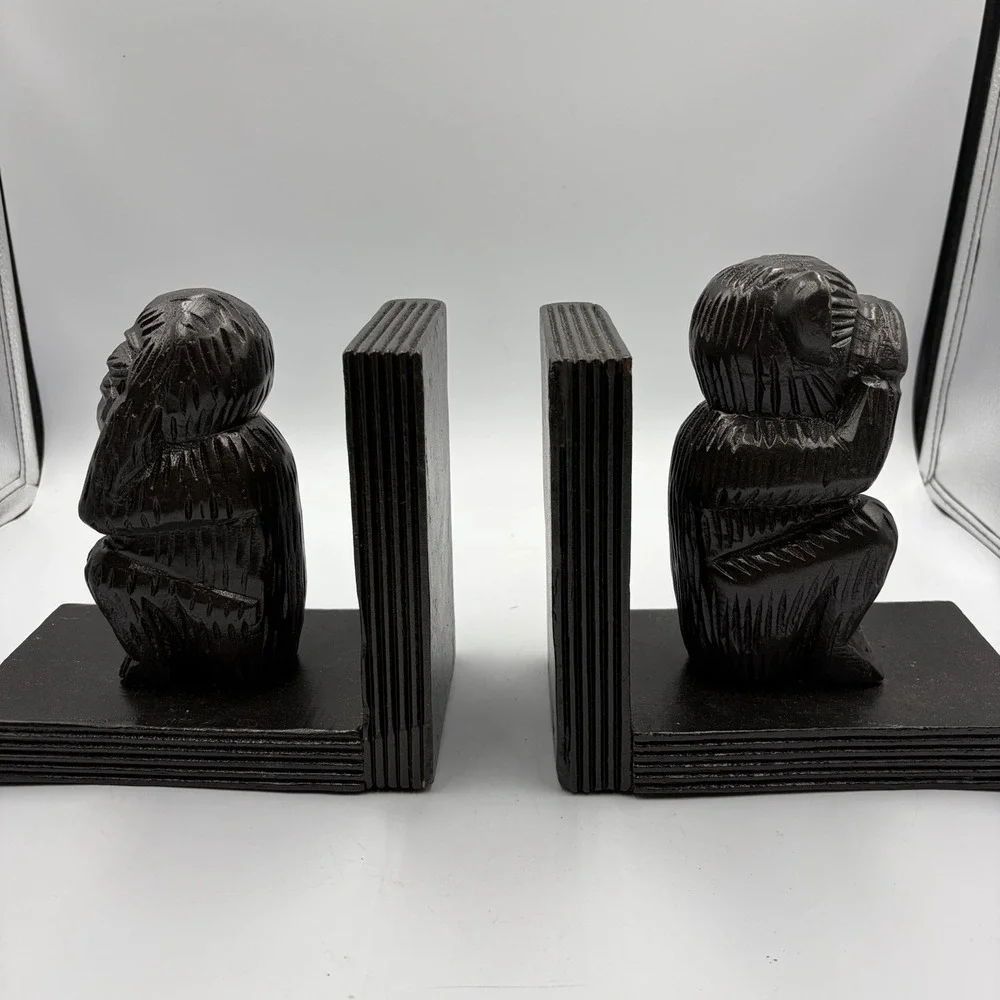 VTG Decorative See No Evil Hear No Evil Monkey Bookend Pair Carved ‎ Rustic MCM